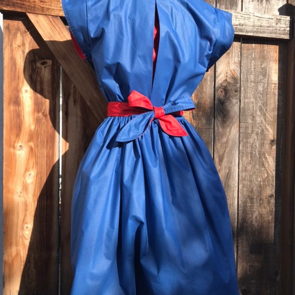 Vintage 1970-80s Blue and Red Sleeveless Button-Up Dress with contrasting detail - Picture 7 of 7
